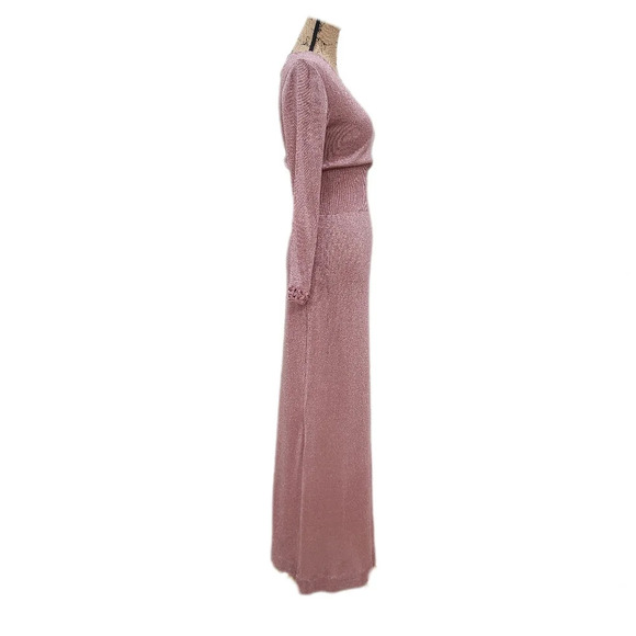 VINTAGE 70s Shayne METALLIC ROSE GLITTER Maxi Dress ,Long Sleeve,Women's Small - Picture 2 of 9